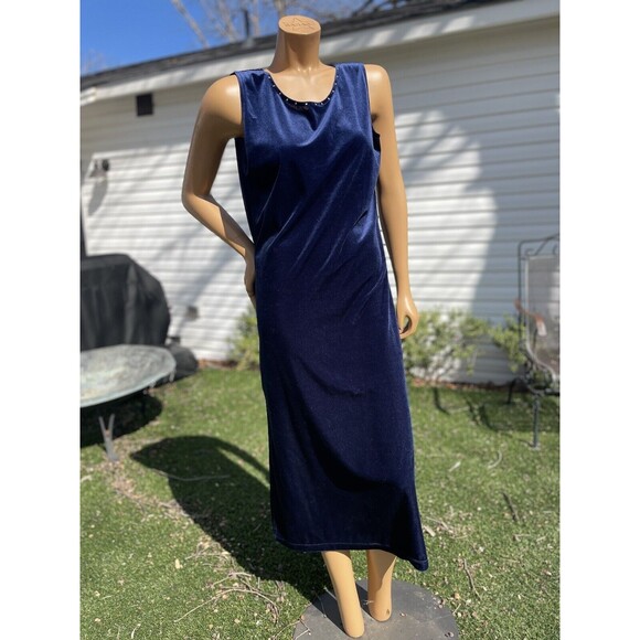 Vintage 1990s Miss & Mrs Blue Crushed Velvet Midi Rhinestone Slit Large Dress - Picture 1 of 12